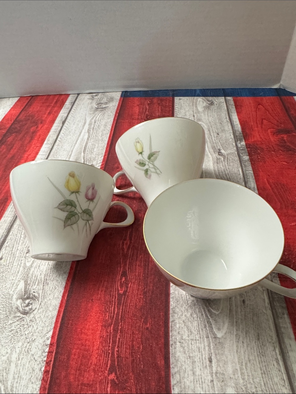 White Bone China Teacups with Yellow & Pink Rose Accents